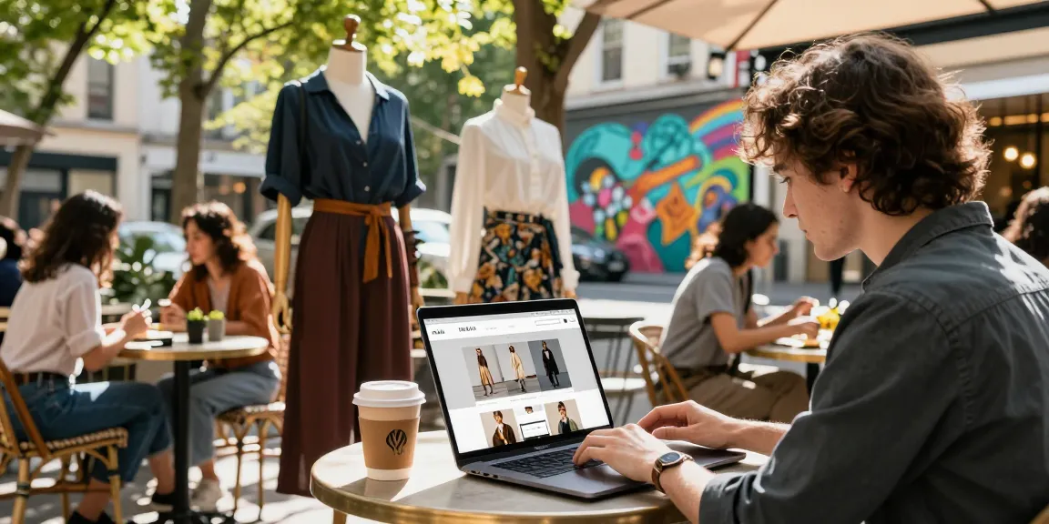 Individual shopping for fashion online at https://shs-dome5.com/ in a vibrant urban café setting.