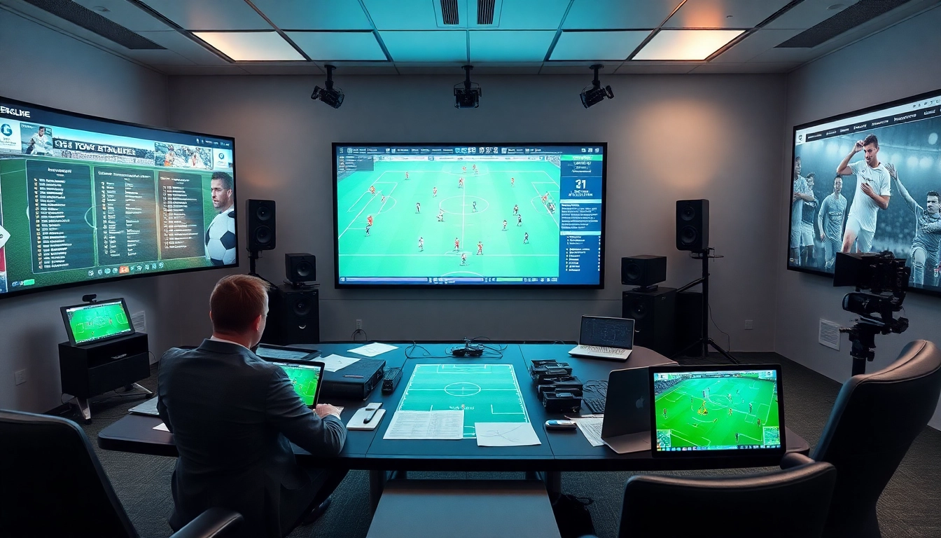 Engaging 분석 of ทีเด็ดบอล in a professional soccer analysis setup with high-tech displays.
