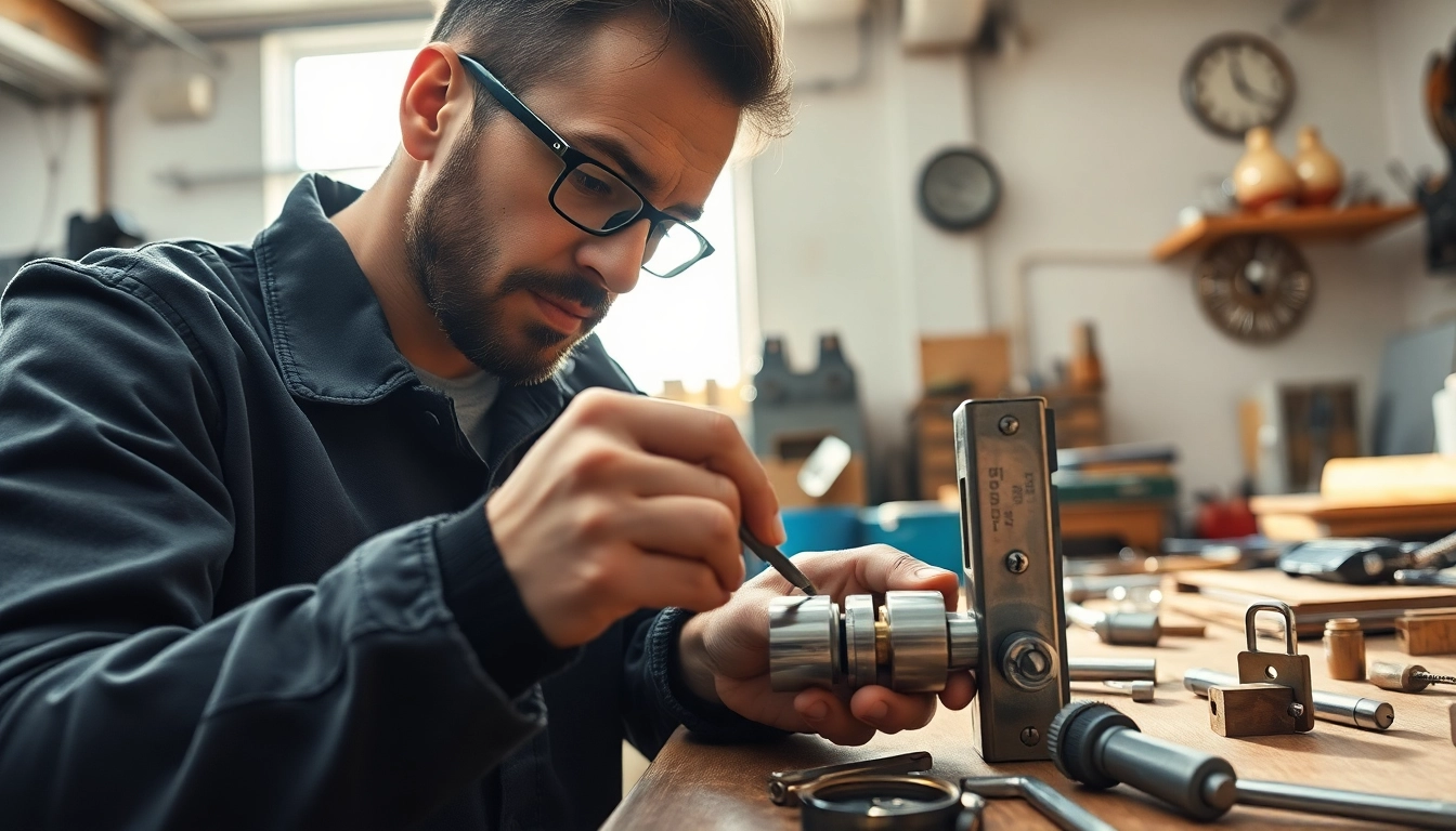Locksta abschließbare System und Werkzeuge werden von einem Fachmann in einem modernen Workshop bearbeitet.