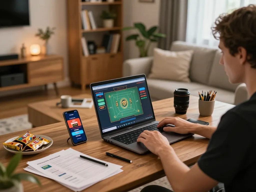 Playing live dealer games on TT88 com app in a cozy home setting, showcasing responsible online gambling.