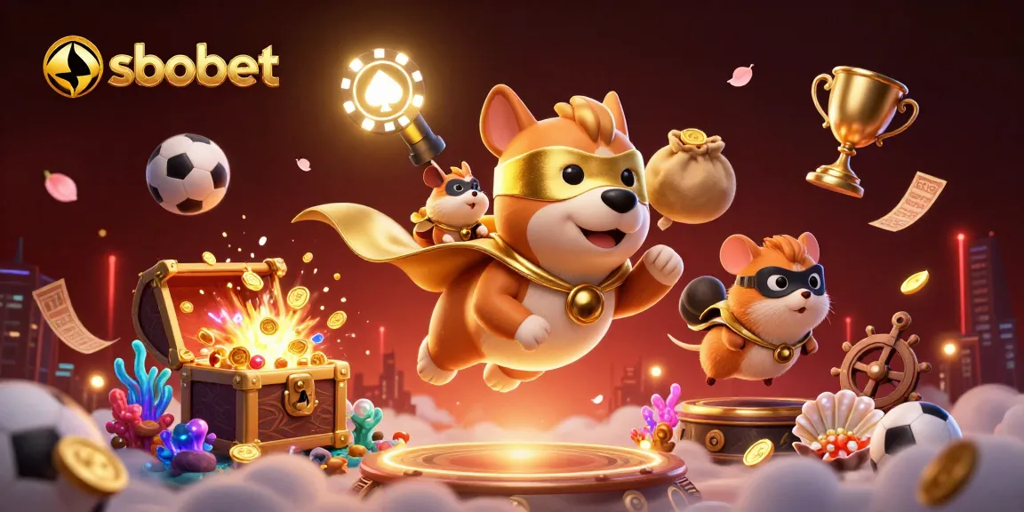 SBOBET sports betting scene with a superhero dog and hamster, amidst vibrant stadium and gaming elements.
