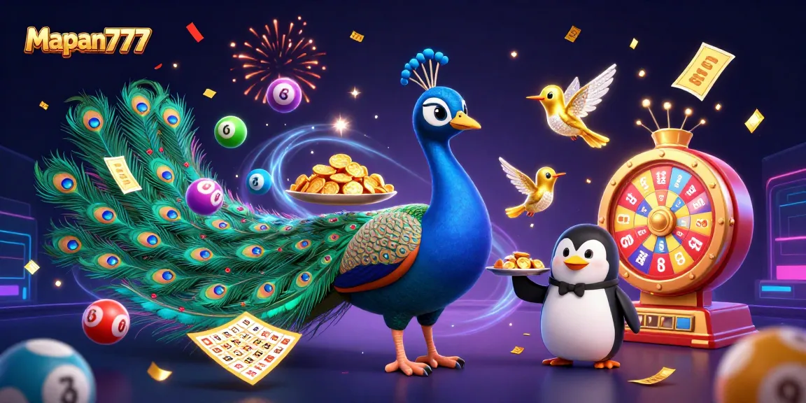 Experience excitement with Mapan777: colorful lottery and bingo elements amidst dynamic gaming characters.