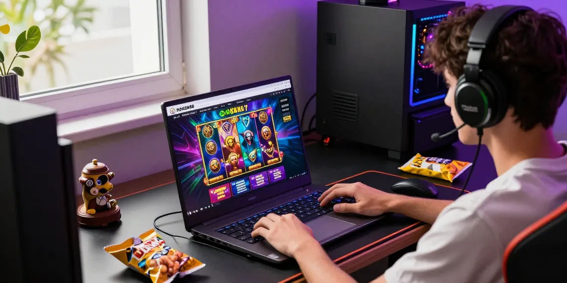 Excited player engaging with rokok88 login on a vibrant gaming setup, surrounded by colorful graphics and snacks.