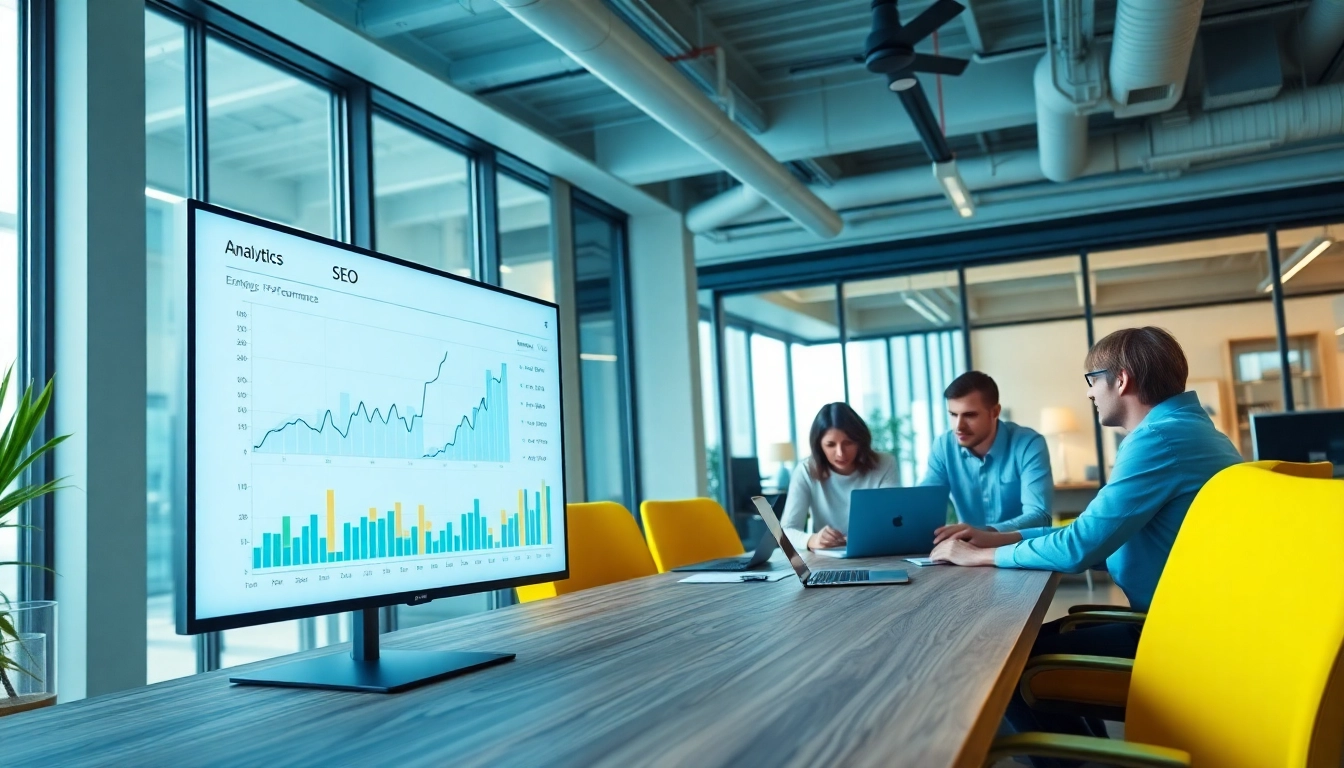 Analyze your SEO performance data with a professional team in a modern office setting.