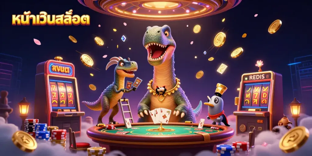 Experience the vibrant world of หน้าเว็บสล็อต with a whimsical brontosaurus and raptor dealer amid dynamic slot game action.