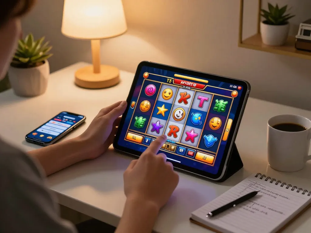 Engaging with apk slot on tablet while enjoying a cozy home gaming setup, illustrating responsible entertainment.