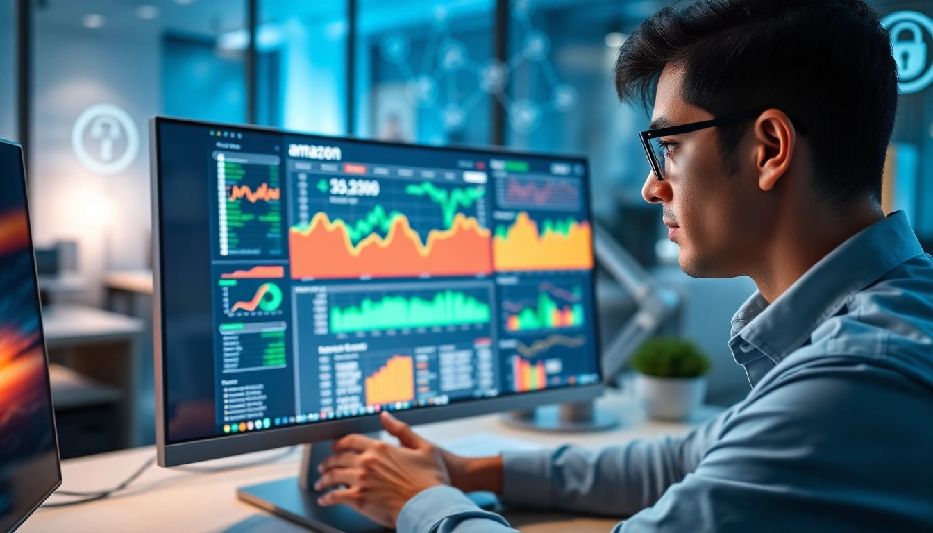 A tech-savvy individual analyzing an Amazon price tracker with infosec elements in a modern workspace.