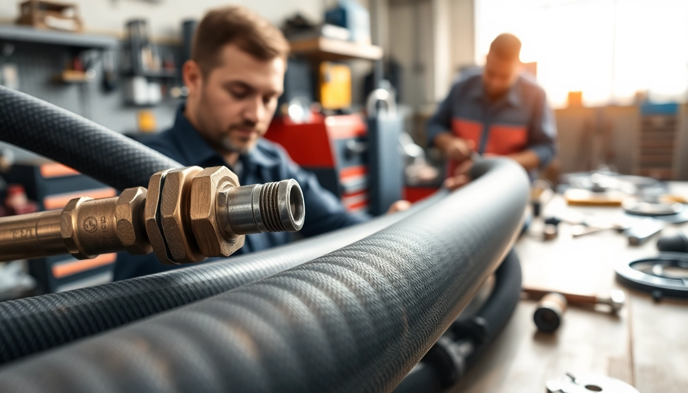 Hydraulic hose repair process showcasing a technician crimping a hose in a well-lit workshop.