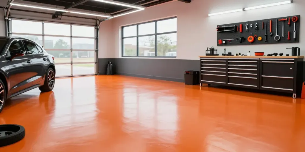 Epoxy garage floor coatings in a well-lit modern garage, highlighting a sleek car and organized workspace.