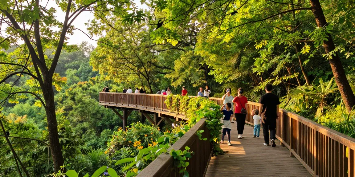 Treetop Walkway showcasing families exploring the forest canopy under golden hour light.