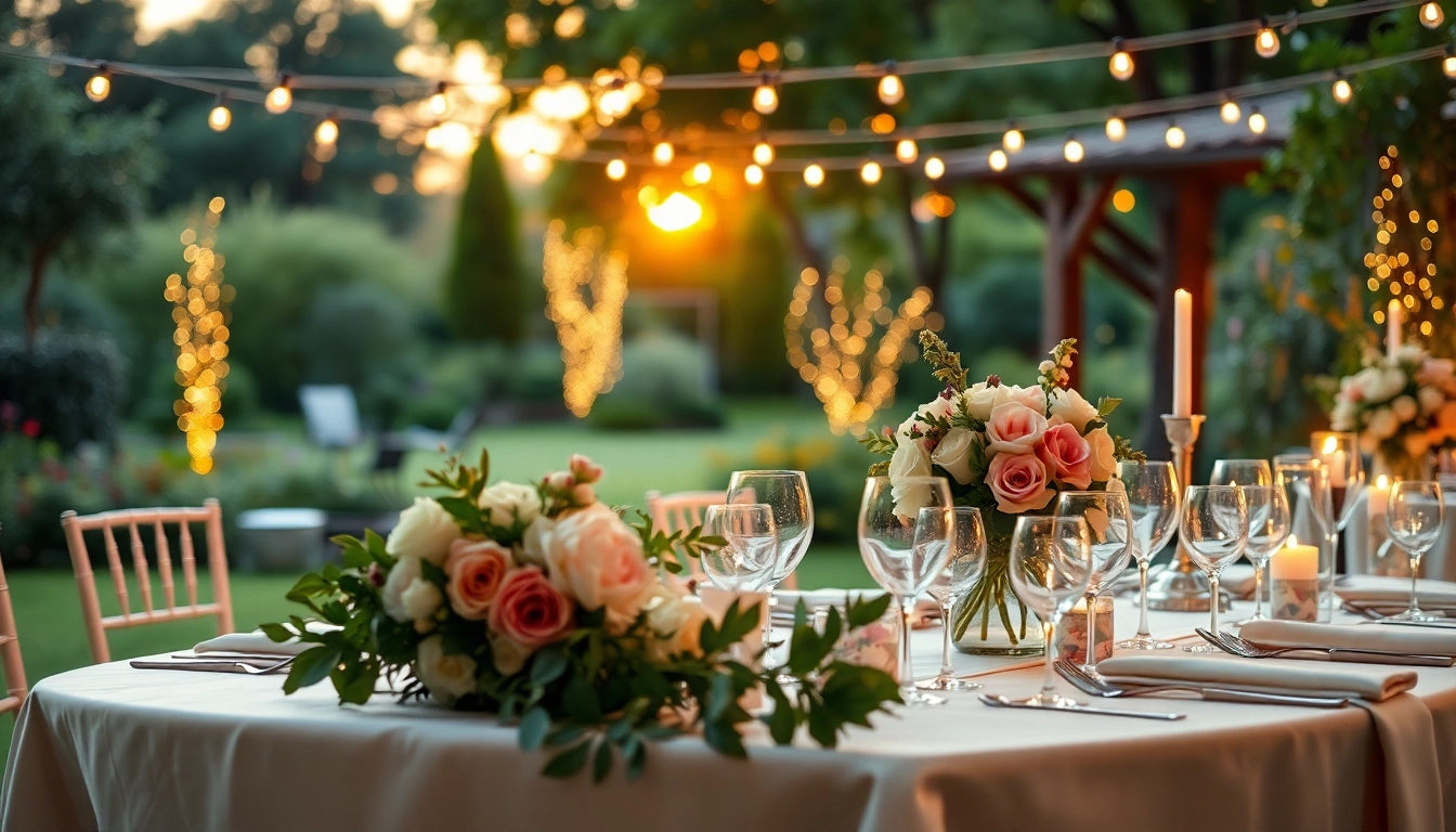 Elegant wedding & event rentals displayed in a picturesque outdoor setting with floral arrangements.