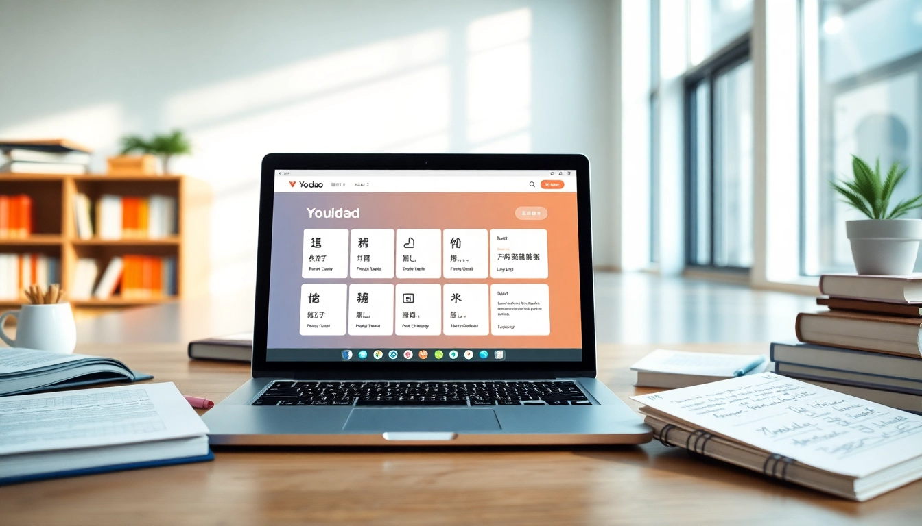 Youdao translation interface in a modern learning space, showcasing interactive educational tools.