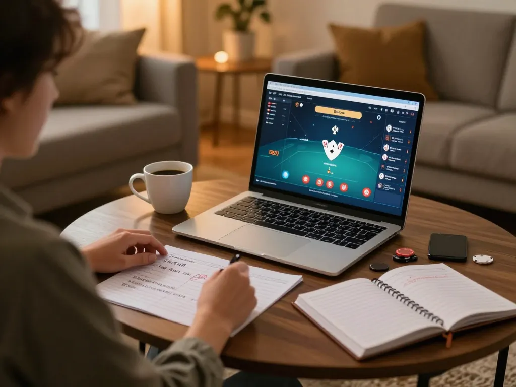Engaged user experiencing 388bet live poker game in cozy home setting with strategic notes.