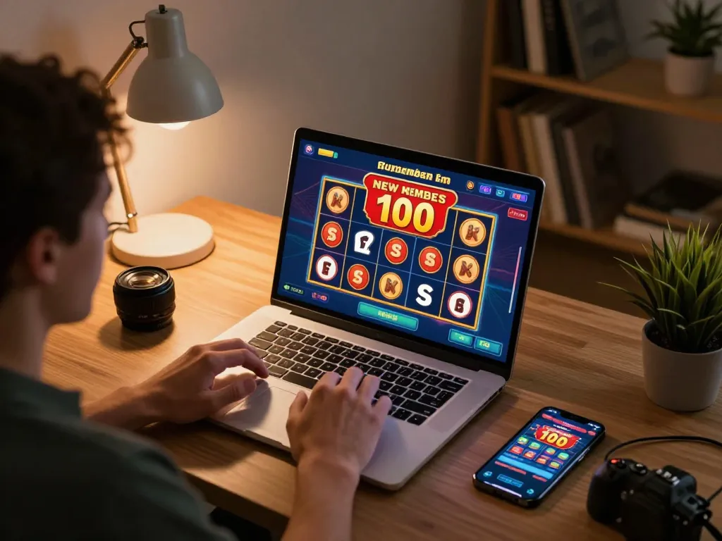 Enjoying the slot bonus new member 100 with a cozy online gaming setup at home.