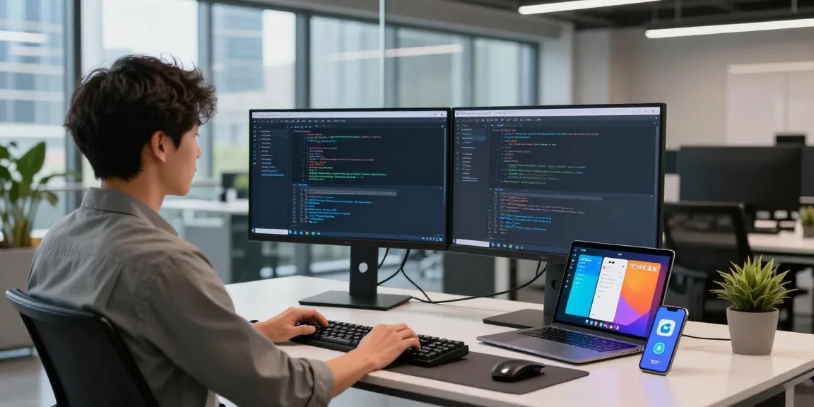 Developer coding on dual monitors displaying 纸飞机中文版 in a modern tech workspace.
