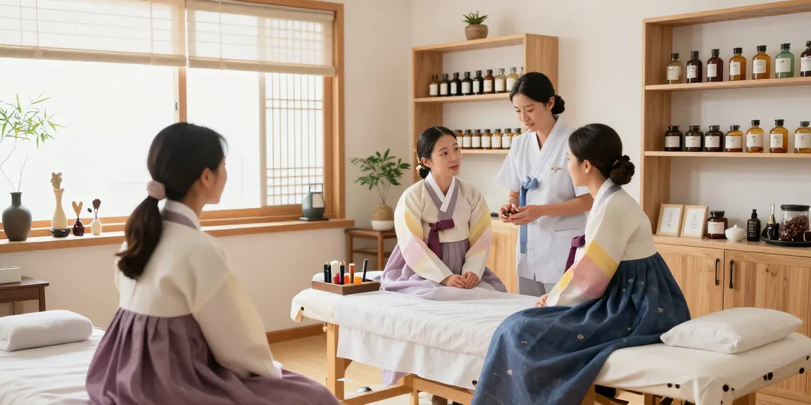 Consultation at 수원한의원 with practitioners in traditional attire and serene environment.