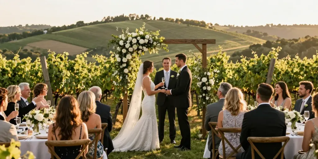 Hunter Valley wedding photographers capturing heartfelt moments during a vineyard ceremony with golden hour lighting.