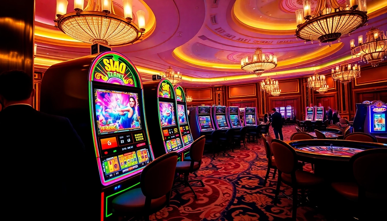 Players engaging with a vibrant slot pragmatic play machine in a luxurious casino setting.