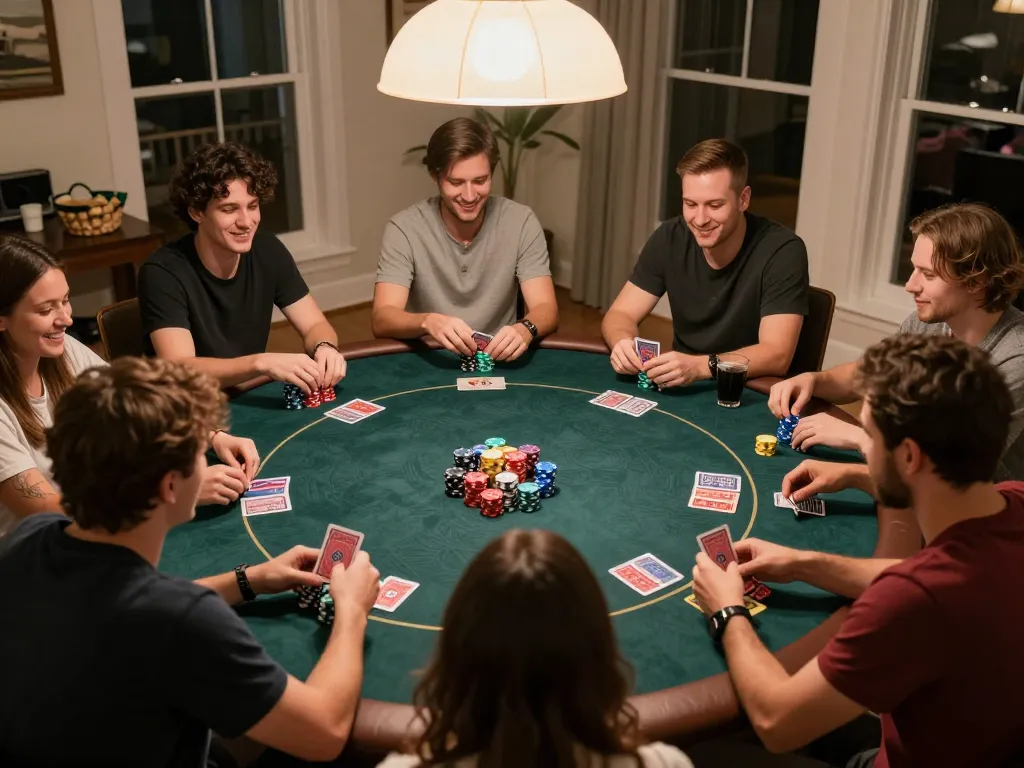 NHÀ CÁI CM88 hosts an engaging poker night with friends, showcasing strategic card play and colorful chips.