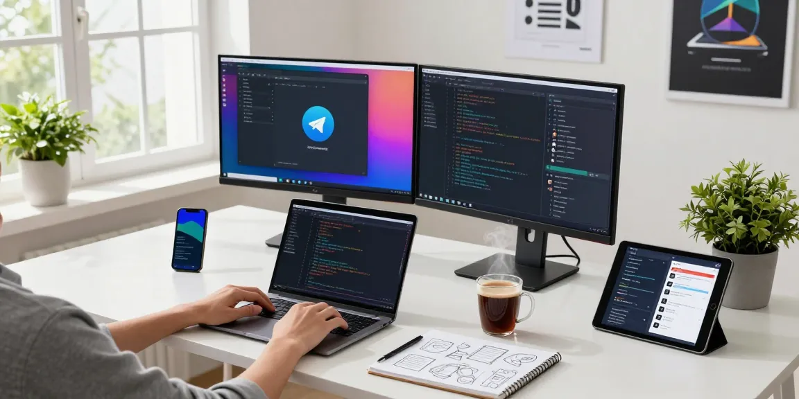 telegram中文版下载 showcased on modern workspace with coding setup and devices.