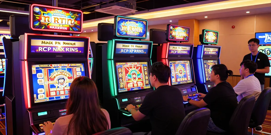 garuda303 login vibrant gaming scene with players engaged at high RTP slots, dynamic LED ambiance.