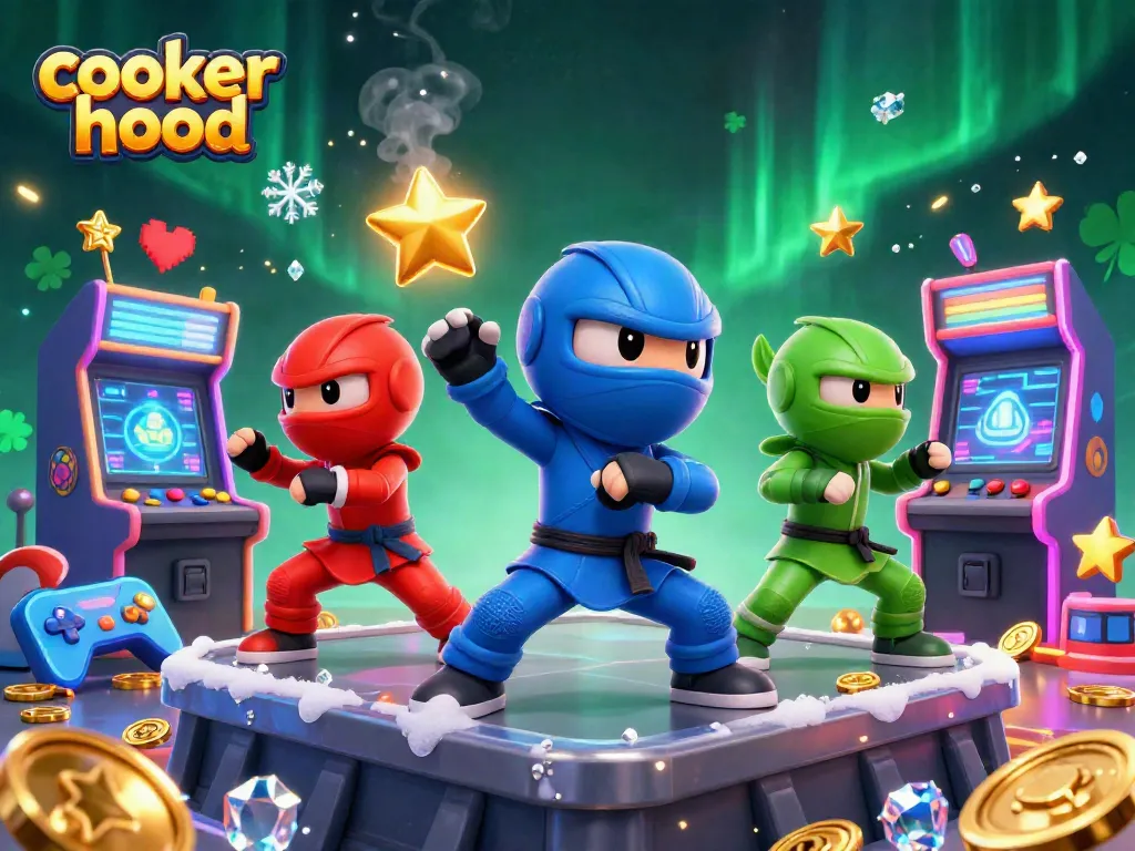 Three colorful chameleon ninjas showcase a dynamic cooker hood performance amidst a vibrant arcade gaming backdrop.