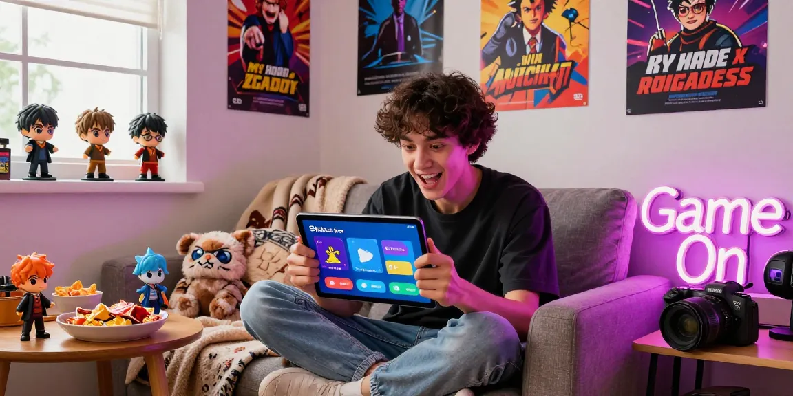 Engaged user playing the Status app in a colorful, fandom-themed living room.