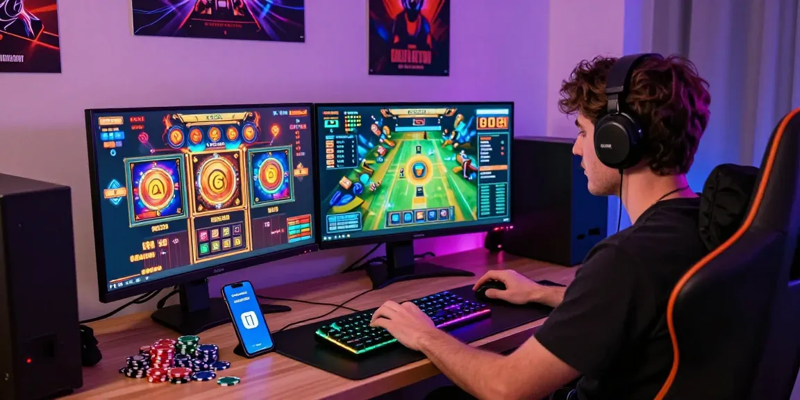 Exciting online gaming experience with garuda303 login displayed on dual monitors in a vibrant home office.