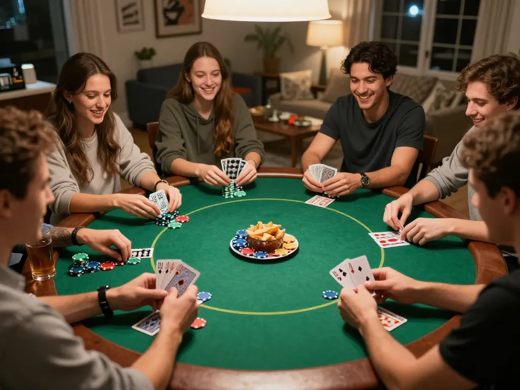 Friends enjoying a lively poker night at home with SIGAPBET-themed gameplay, cards and chips enhancing the excitement.