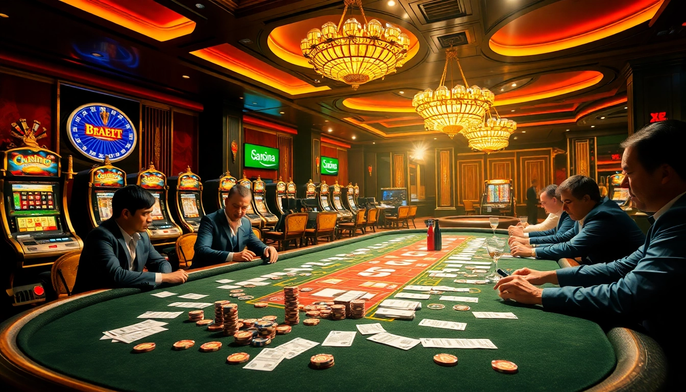 Scène captivante d'un casino en ligne France fiable avec des joueurs aux tables de poker.