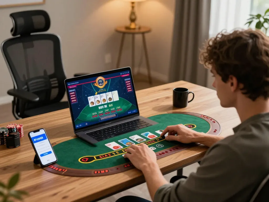 Player enjoying live blackjack at home, exploring strategies with the fly88 app open.