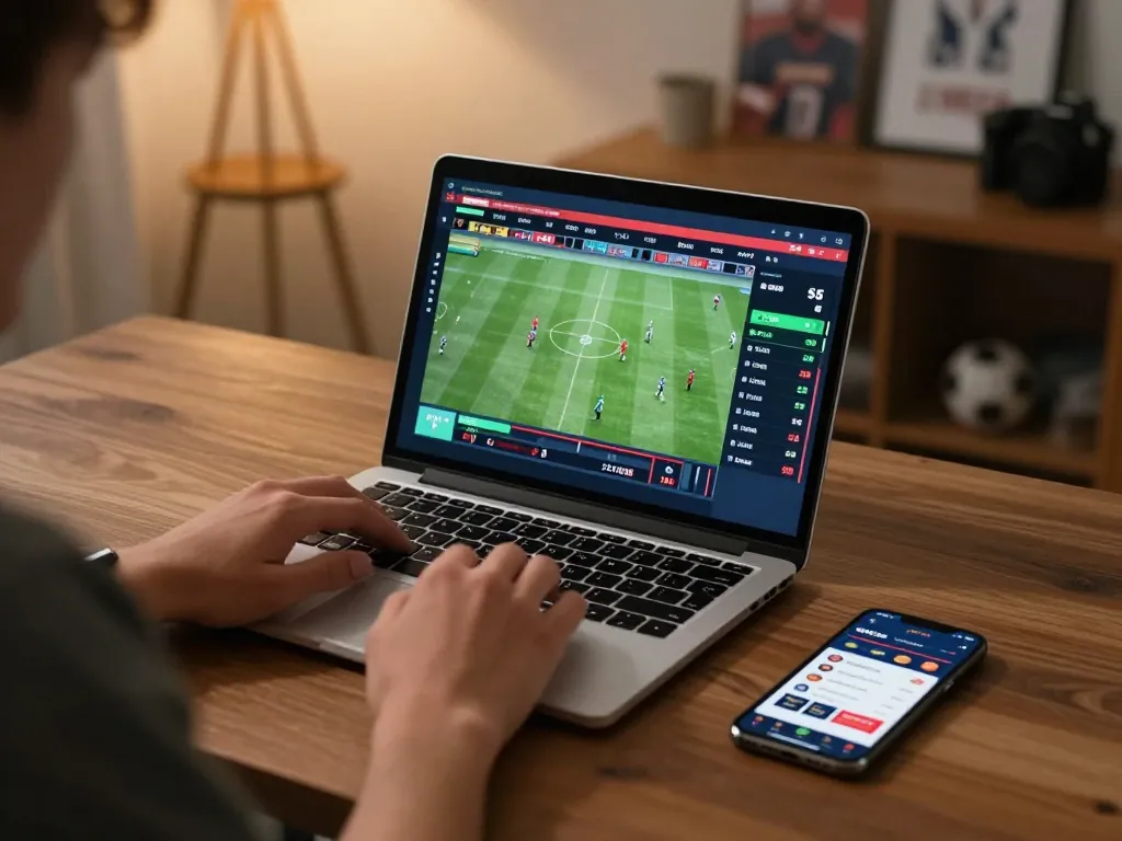 Player engaging in online sports betting with NHÀ CÁI SC88 on a laptop, showcasing live odds and stats.