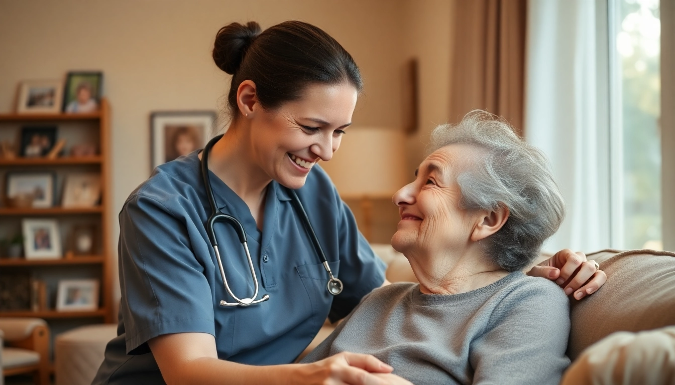 Caregiver providing elderly in home care near me in a warm, inviting living room setting.