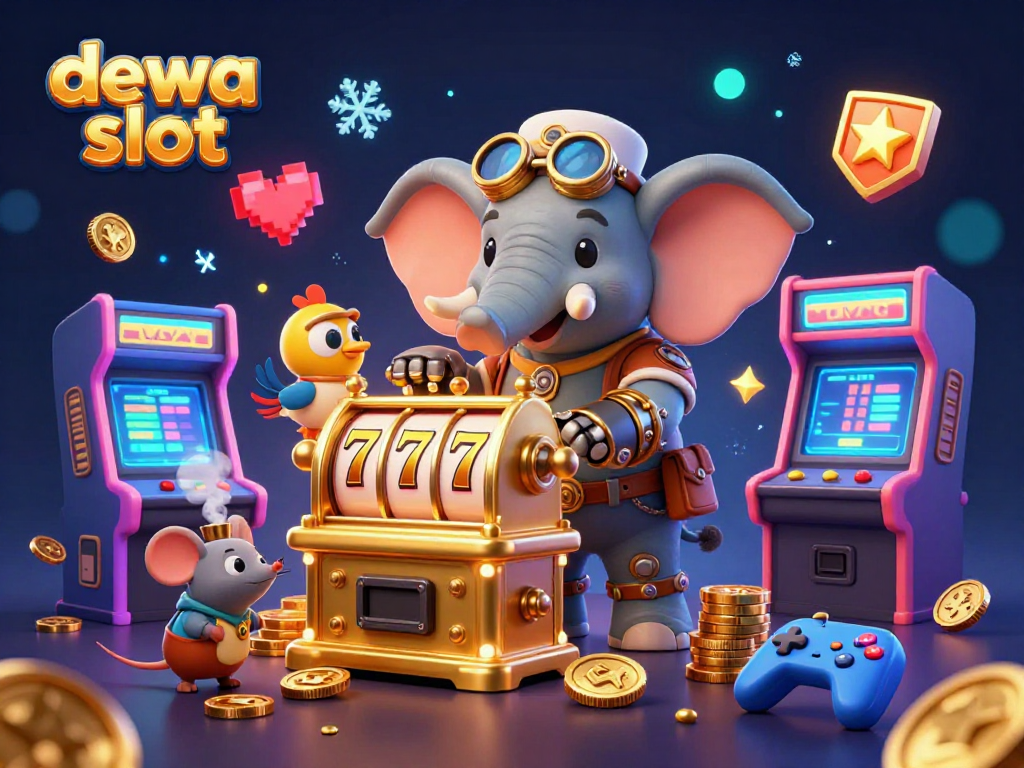 Mengoperasikan mesin slot emas, dewa slot menampilkan gajah mekanik steampunk dan teman-teman 3D yang dinamis.