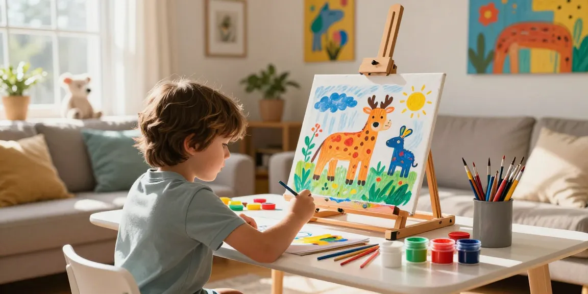 Kids paint by number scene with a child painting colorful animals in a lively home setup.