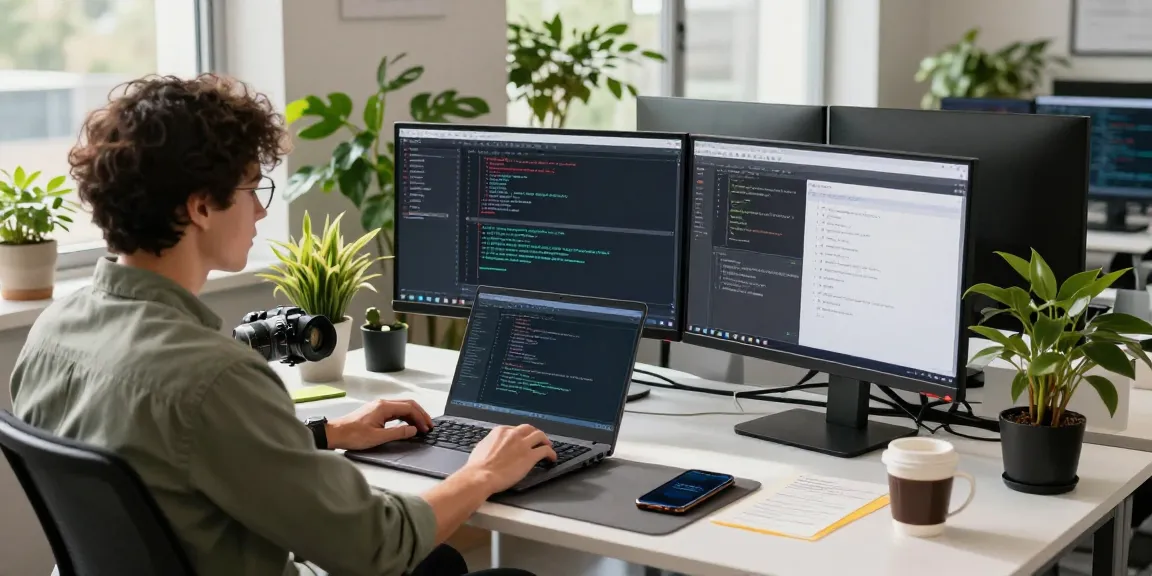 Developer working on 纸飞机中文版 software in a modern tech workspace with multiple screens and plants.