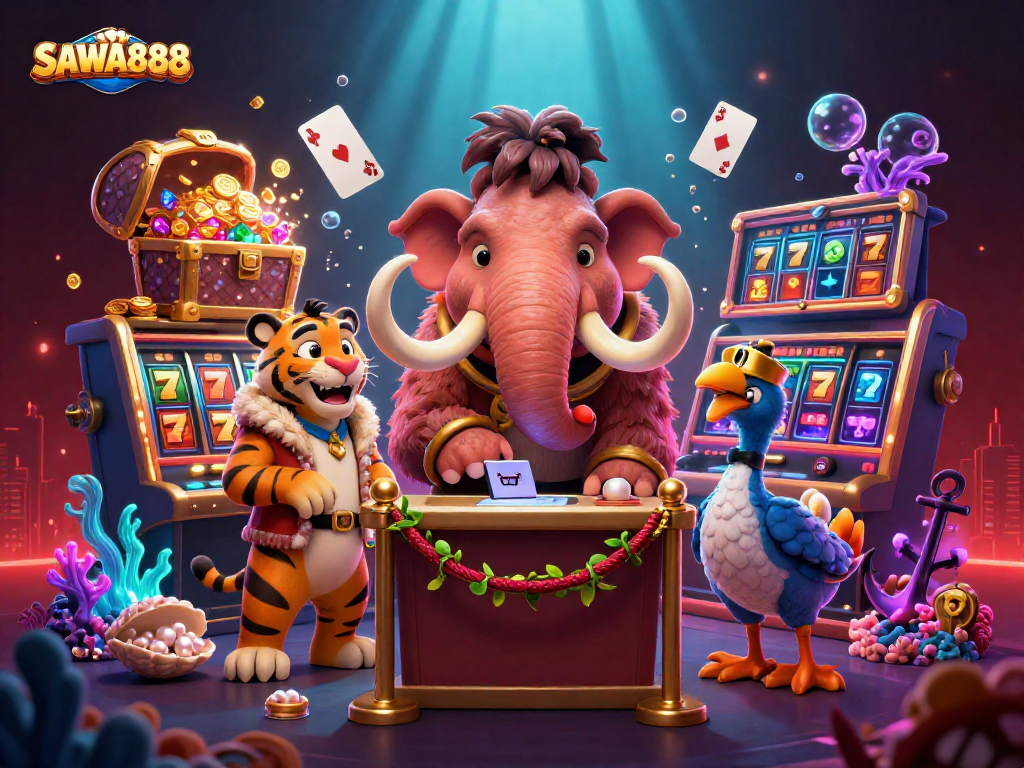 SAWA888 promotes exciting slots with a cartoon mammoth bouncer at an online casino entrance