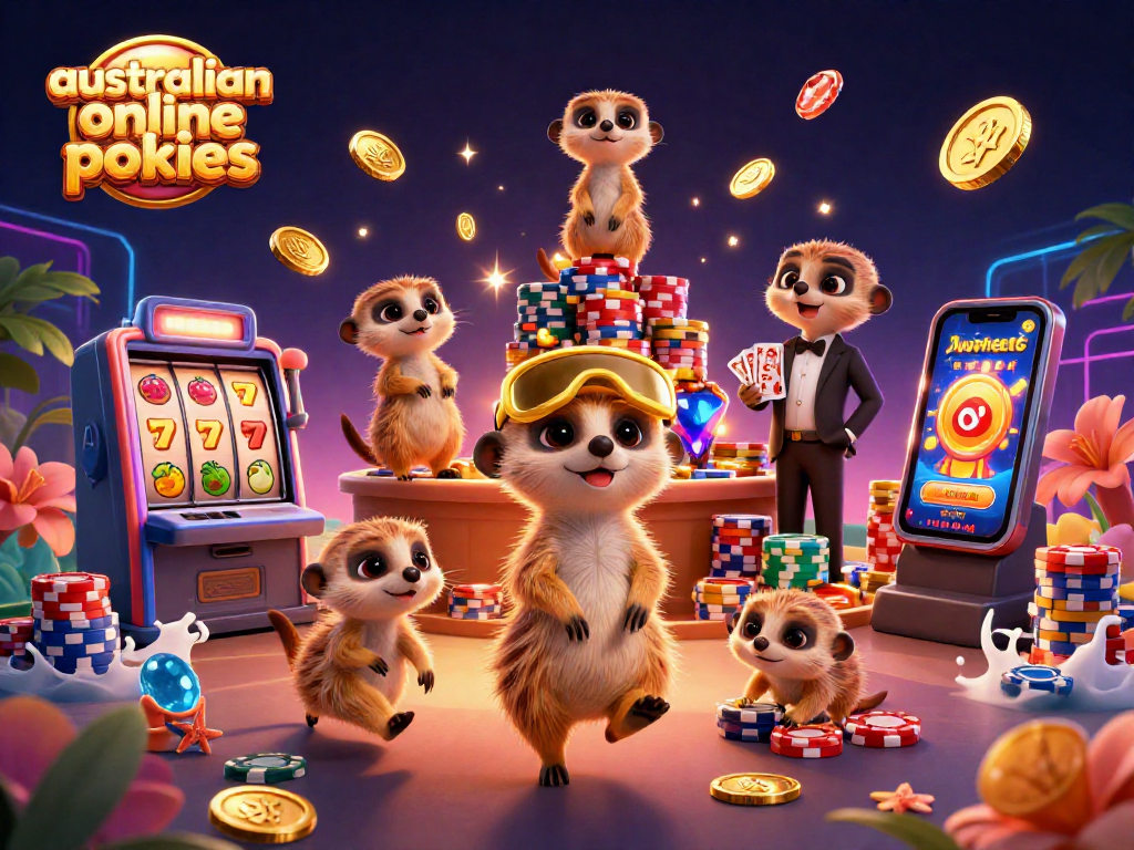 Engage with australian online pokies at a vibrant casino featuring playful meerkats and dynamic slot machines.