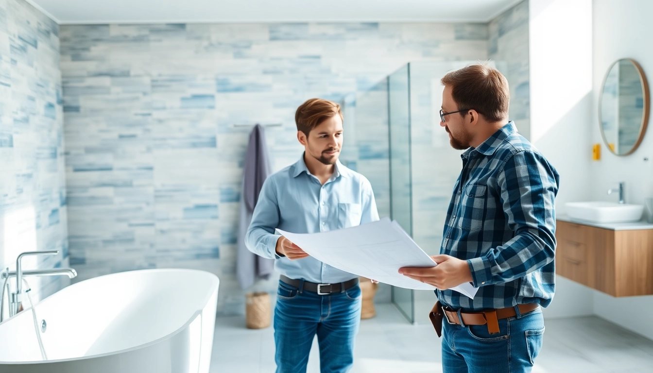 Engaging image of bathroom renovation contractors near me explaining design options to a homeowner.