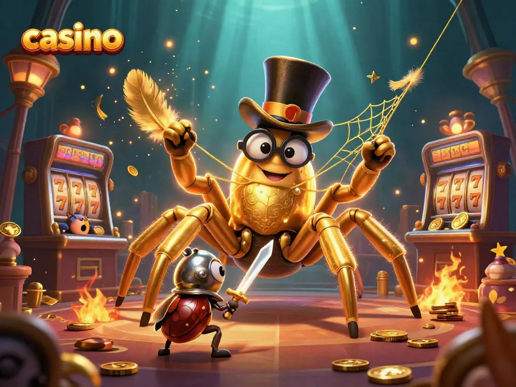 Experience thrilling casino adventures with a giant golden tarantula and brave beetle knight in a vibrant gambling scene.