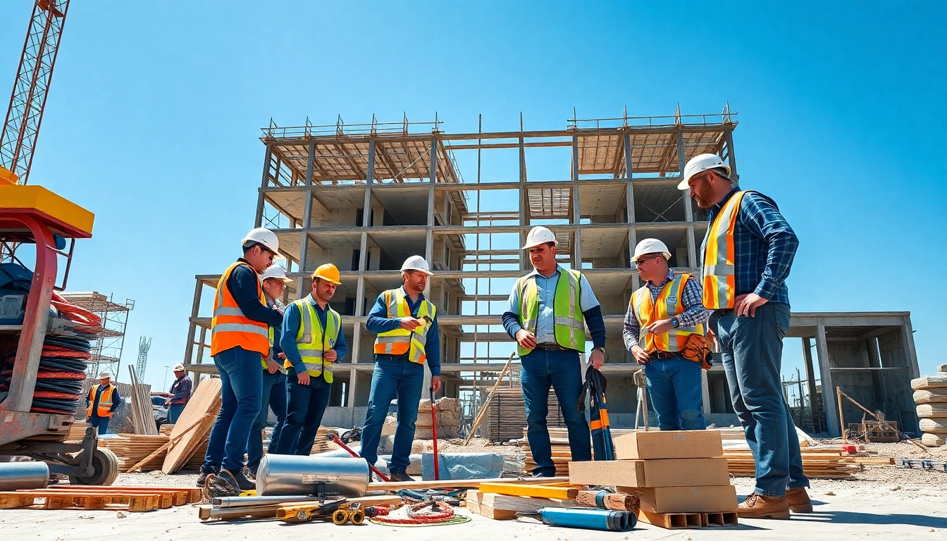 Construction association teamwork on a vibrant job site with ongoing projects.