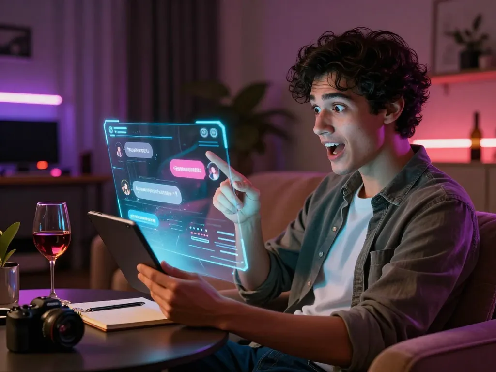Engaging ai chat porn interaction with a charismatic AI character in a cozy atmosphere, showcasing futuristic virtual chatting experience.