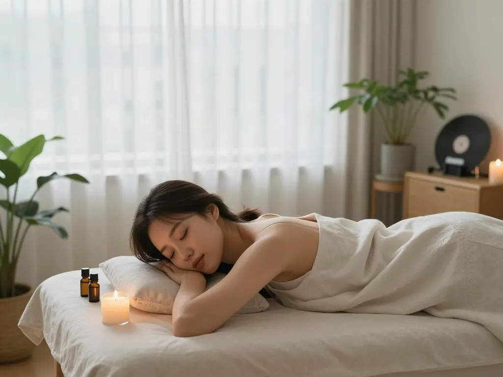 Experience a rejuvenating 선릉출장마사지 session in a serene home setting with candles, essential oils, and calming decor.