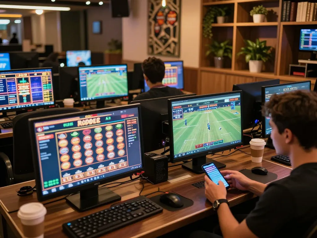 Engaging in online gaming at sc888 with vibrant slots and sports betting on multiple screens.