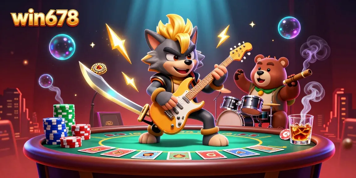 Win678 showcases a lively casino scene with a rock star wolf and drummer bear, highlighting dramatic poker elements.