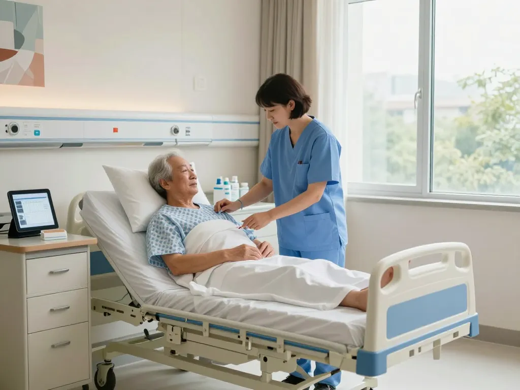 Comfortable giường bệnh nhân in a hospital room with caregivers attending to an elderly patient.