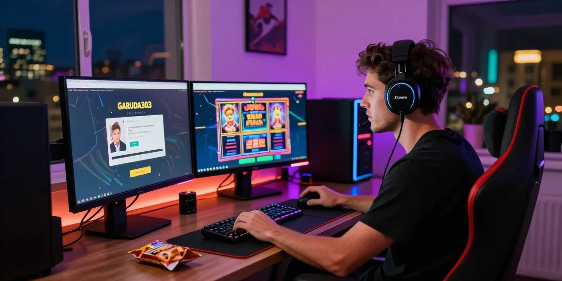 Gamer engaged in garuda303 login, surrounded by screens and vibrant gaming atmosphere.