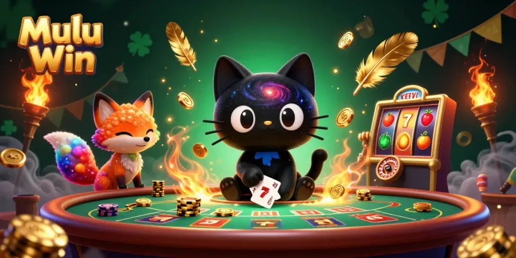 Experience the thrill of Mulu Win in this vibrant casino scene with cosmic characters and dynamic gameplay elements.
