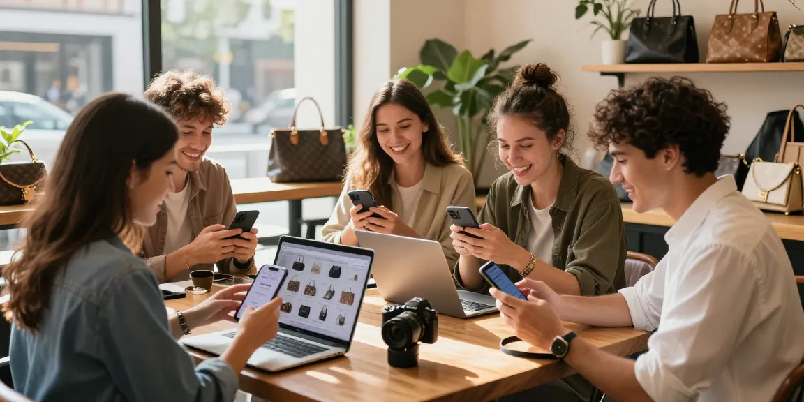 Young adults exploring a high-end 레플리카 쇼핑몰 on devices in a stylish cafe.