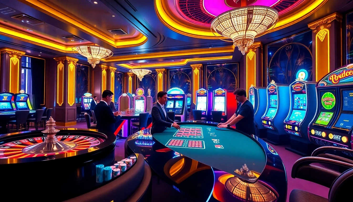 Une scène dynamique de jeu de casino en ligne en France mettant en vedette des roues de roulette vibrantes et des joueurs enthousiastes s'engageant avec le casino en ligne argent réel France.